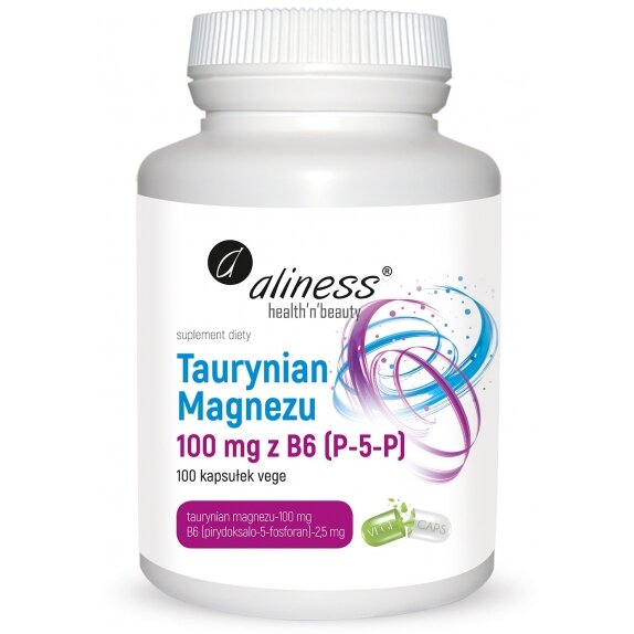 Aliness taurynian Magnezu 100 mg z B6 (P-5-P) Vege 100 kapsułek cena 14,82$