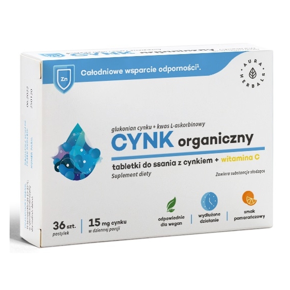 Cynk Organiczny 15 mg + Witamina C 36 pastylek do ssania Aura Herbals cena 13,99zł