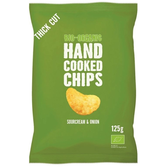 Chipsy ziemniaczane cienko krojone o smaku śmietankowo - cebulowym BIO 125 g Trafo cena €2,44