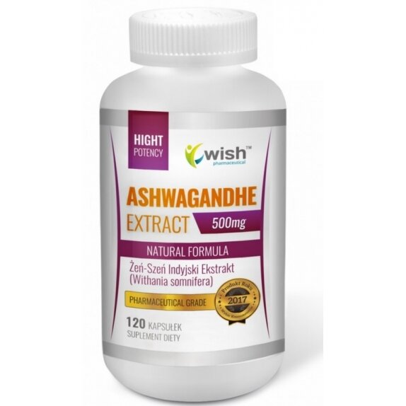 Ashwagandha ekstrakt 500 mg 7% Witanolidów żeń-szeń indyjski 120 kapsułek Wish Pharmaceutical cena 30,19zł