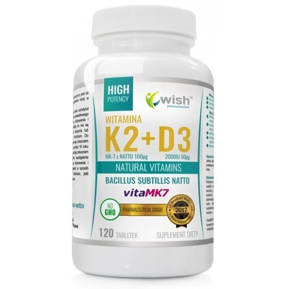 Witamina K2 MK7 100mcg + D3 2000IU 50 mcg 120 tabletek Wish Pharmaceutical cena 42,25zł