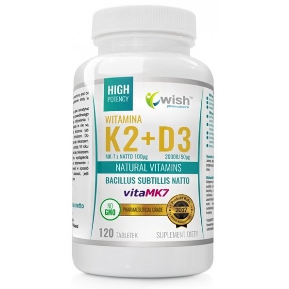 Witamina K2 MK7 100mcg + D3 2000IU 50 mcg 120 tabletek Wish