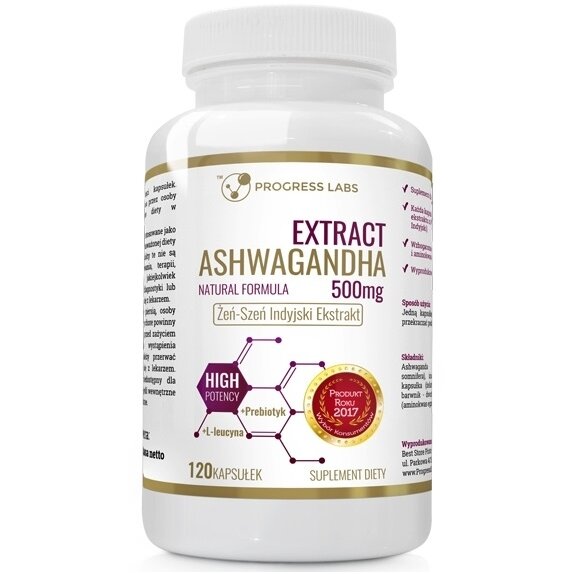 Ashwagandha ekstrakt żeń-szeń indyjski 500 mg 120 kapsułek Progress Labs cena 30,19zł
