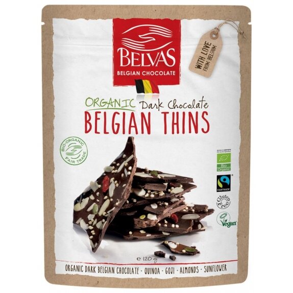 Kawałki gorzkiej czekolady z migdałami, quinoa, jagodami goji Bio 120 g Belvas cena 23,19zł