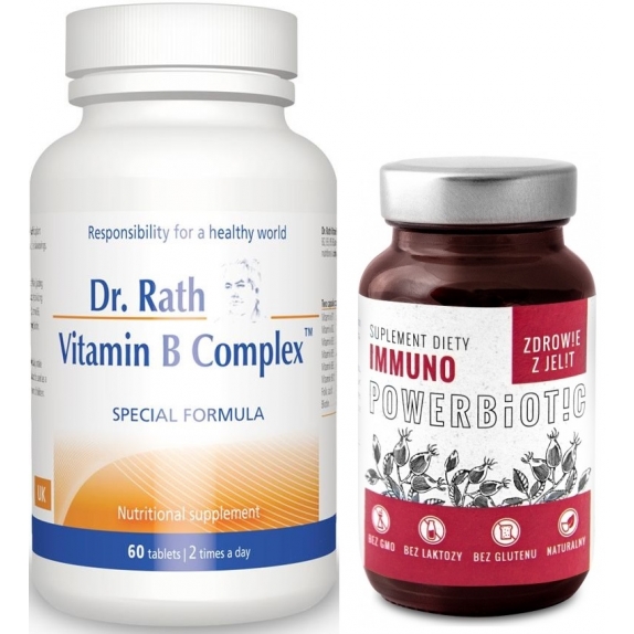 Dr Rath witaminy B kompleks 60 tabletek + Powerbiotic Immuno Dzika róża 60 kapsułek Ecobiotics cena 189,99zł