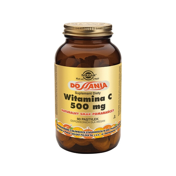 Solgar Witamina C 500 mg naturalny smak pomarańczy 90 pastylek cena 105,80zł