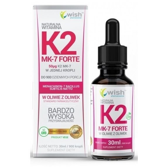 Naturalna Witamina K2 MK-7 + D3 2000IU FORTE w Kroplach 30 ml Wish Pharmaceutical cena 11,26$