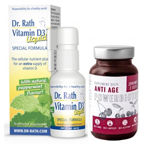 Dr Rath witamina d3 liquid mięta pieprzowa 30 ml + Powerbiotic Anti Age Wiśnia 60kapsułek Ecobiotics cena 185,99zł