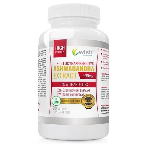 Ashwagandha Ekstrakt 500mg 7% Witanolidów Żeń Szeń Indyjski 90 kapsułek Wish Pharmaceutical cena 9,03$