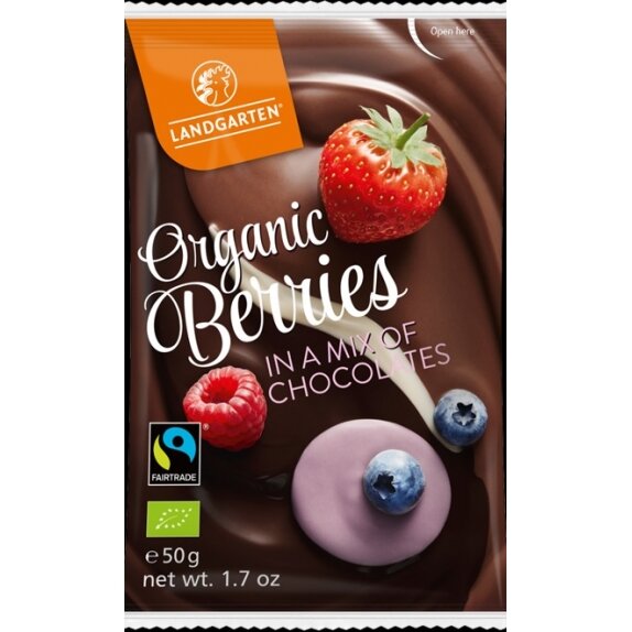 Mieszanka liofilizowanych owoców w czekoladzie fair trade bezglutenowe BIO 50 g Landgarten cena 9,69zł