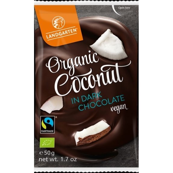 Liofilizowany kokos w gorzkiej czekoladzie fair trade bezglutenowy BIO 90 g Landgarten cena 9,69zł