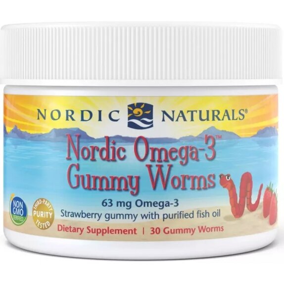 Nordic Omega-3 Gummy worms, żelki-robaczki, 63 mg, truskawka, 30 sztuk Nordic Naturals cena 96,90zł