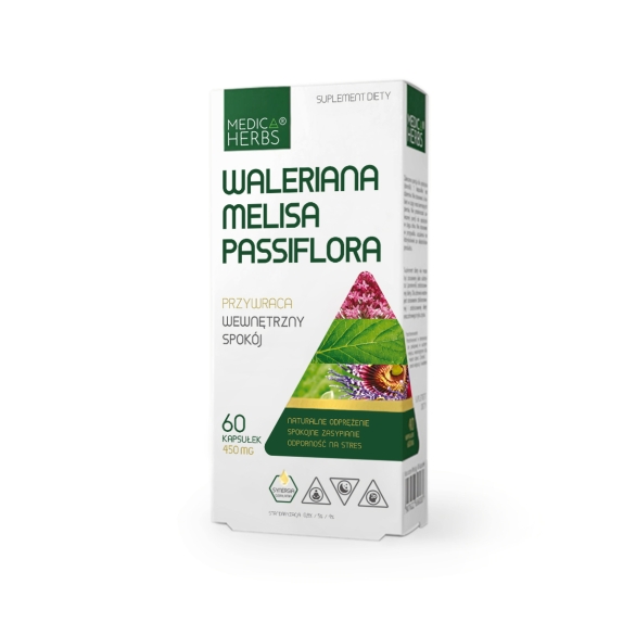Medica Herbs Waleriana, Melisa,Passiflora 450 mg 60 kapsułek  cena €5,64