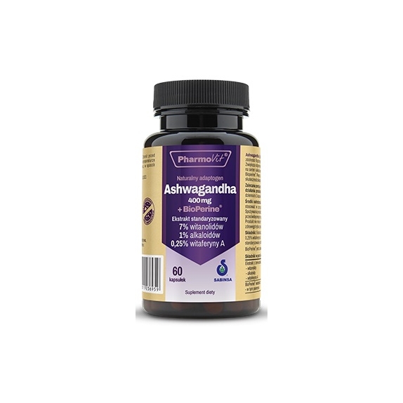 Ashwagandha ekstrakt 400 mg + BioPerine 7% witanolidów 60 kaps Pharmovit cena 23,99zł