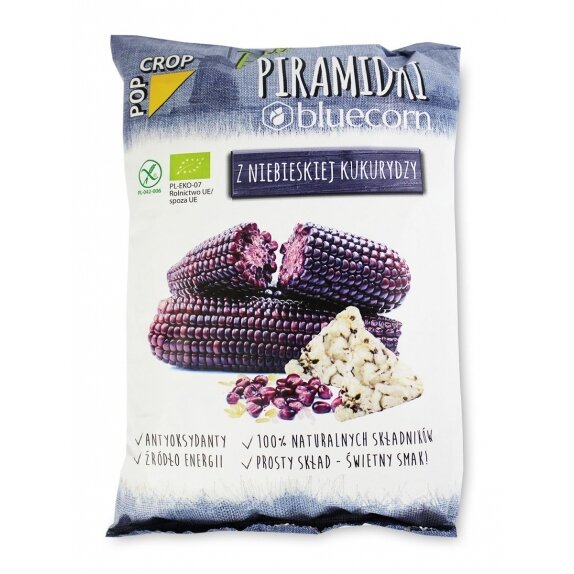 Chrupki piramidki z niebieskiej kukurydzy, ryżu brązowego z solą himalajską 80g Popcrop cena €1,11