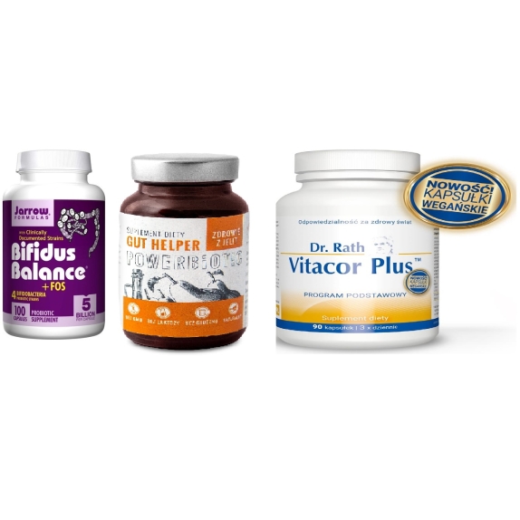 ZESTAW Dr Rath Vitacor plus / Jarrow Bifidus Balance + FOS / Powerbiotic Gut Helper Ocet gruszkowy cena €90,57