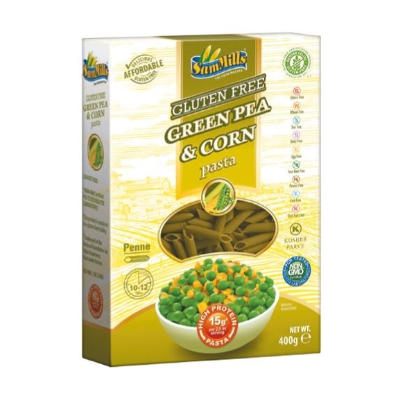 Sam Mills Makaron bezglutenowy zielony groszek i kukurydza rurka (penne) 400 g WYPRZEDAŻ! cena 5,15zł