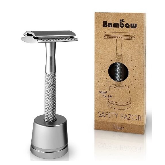 Bambaw wielorazowa maszynka do golenia + żyletka i stojak (srebrna) cena 108,90zł
