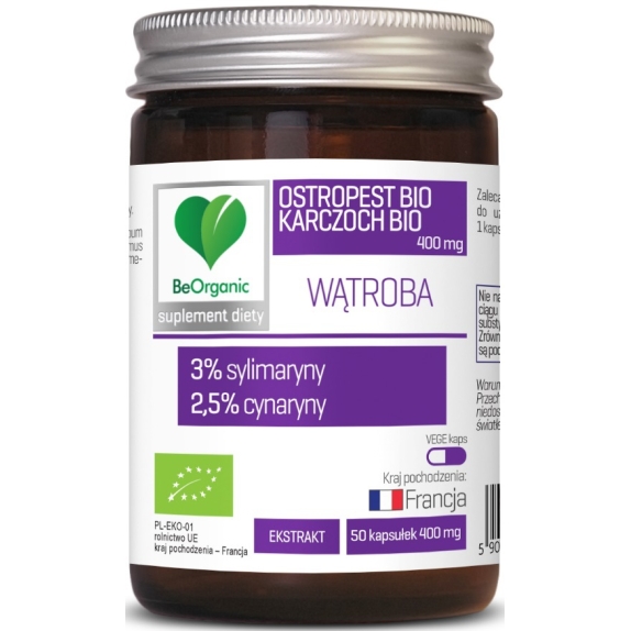 BeOrganic ostropest 3% + Karczoch BIO 2,5% 400mg x 50 kapsułek BIO cena 39,05zł