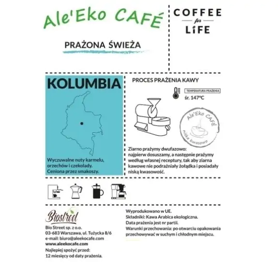 Ale'Eko CAFÉ Kawa Ziarnista Kolumbia BIO 500g Coffee for Life PROMOCJA cena 75,50zł