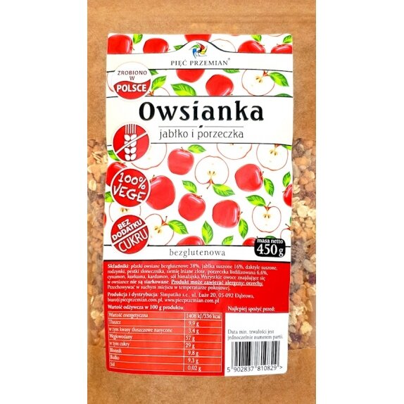 Owsianka jabłko porzeczka bezglutenowa 450 g Pięć Przemian cena 15,35zł