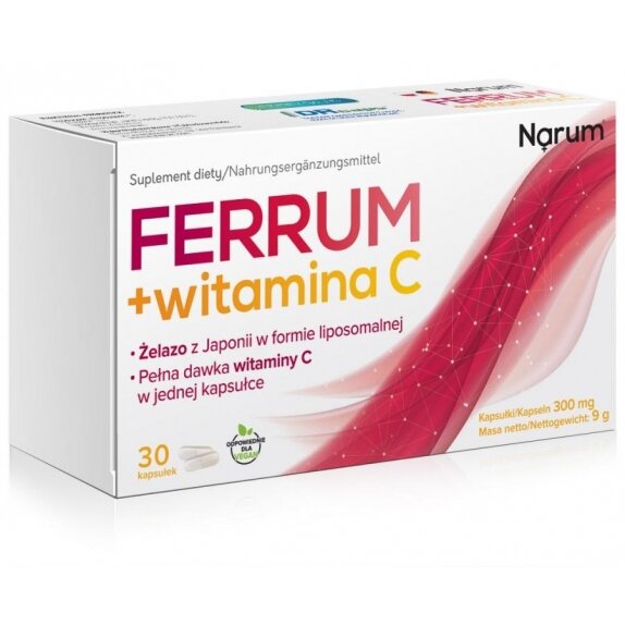 Narum Ferrum + witamina C 300 mg 30 kapsułek cena 48,90zł