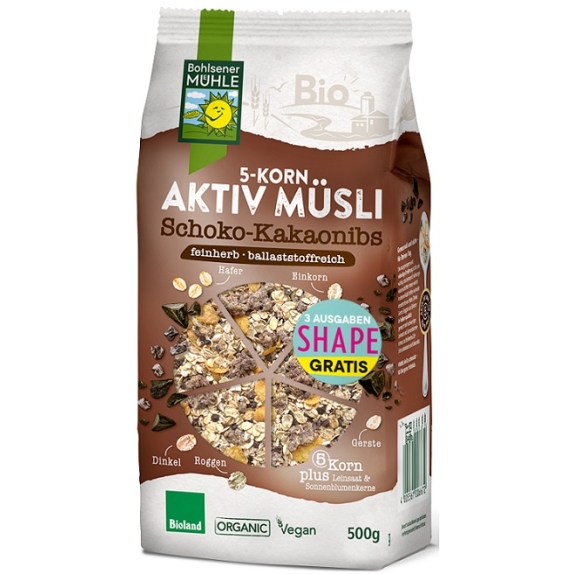 Musli 5 zbóż z kawałkami czekolady i ziarnami kakao 500g BIO Bohlsener Muehle cena 20,85zł