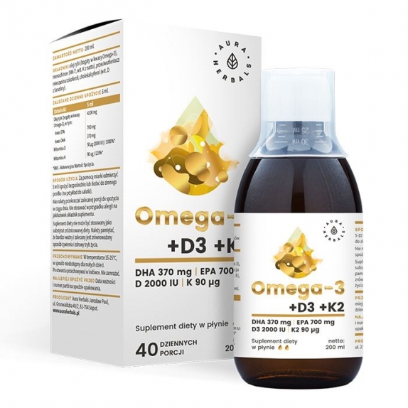 Aura Herbals Omega-3 (370 DHA) + D3 (2000IU) + K2MK7 200 ml + Argentum 25ppm tonik 150 ml GRATIS cena 46,75zł
