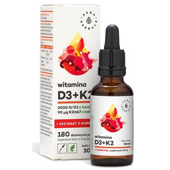 Witamina D3 (2000 IU) + K2 + ekstrakt z kurkumy krople 30 ml Aura Herbals cena 12,87$