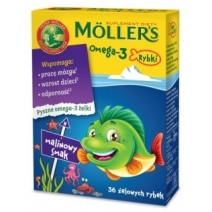 Moller's Omega-3 Rybki 36 żelowych rybek o smaku malinowym 1 opakowanie