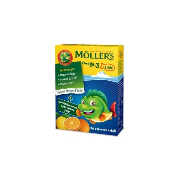 Moller's Omega-3 Rybki 36 żelowych rybek o smaku pomarańczowo-cytrynowym 1 opakowanie cena €7,69