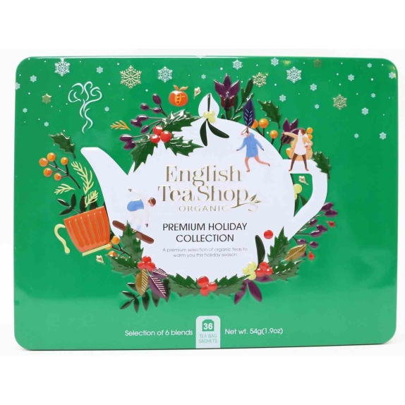 Zestaw herbatek premium holiday collection w ozdobnej zielonej puszcze 36 saszetek BIO English tea cena 56,05zł