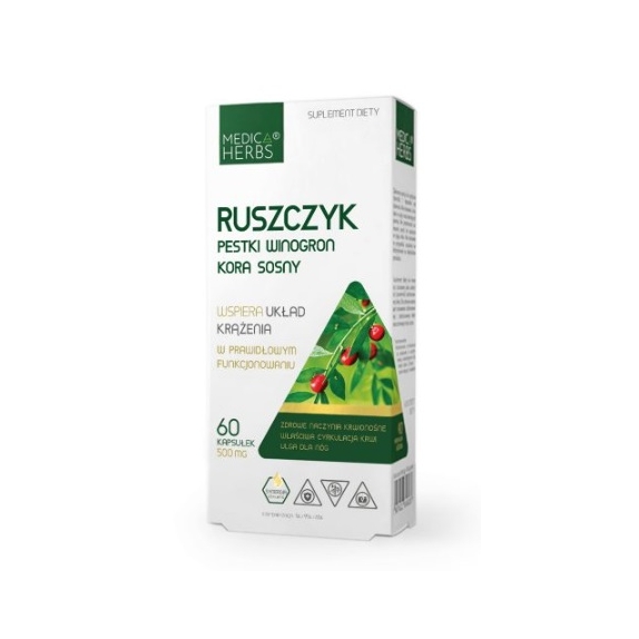 Medica Herbs ruszczyk, pestki winogron, kora sosny 60 kapsułek cena 6,44$