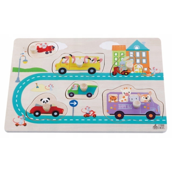 Zabawka puzzle drewniane ulica (happy bus) dla dzieci od 12 miesiąca życia Sun Baby cena 17,49zł