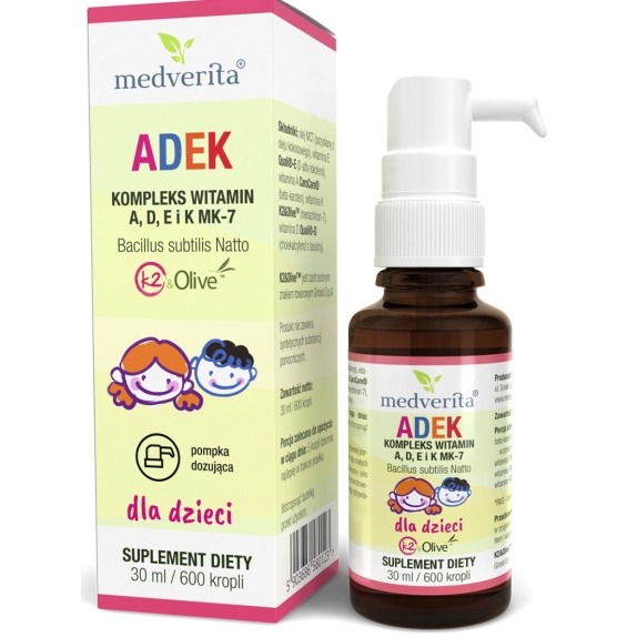 ADEK dla dzieci kompleks witamin A, D, E i K MK-7 krople 30ml Medverita cena 30,70zł