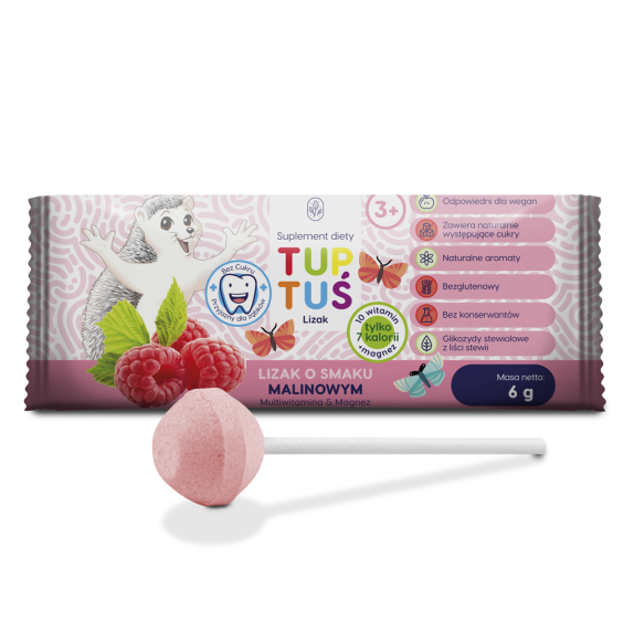 Lizak o smaku malinowym multiwitamina z magnezem 1 sztuka TUPTUŚ cena 1,25zł