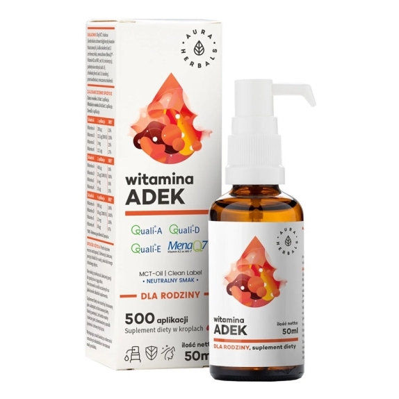 Witamina A + D3 (2000 IU) + E + K2MK7  krople 50ml Aura Herbals cena 16,98$