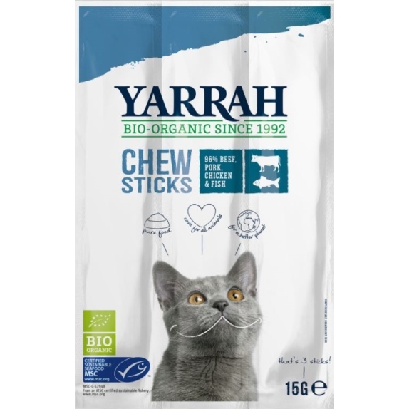 Przysmak dla kota pałeczki z wołowiną i rybą (3 x 5 g) 15 g BIO Yarrah cena 1,90$