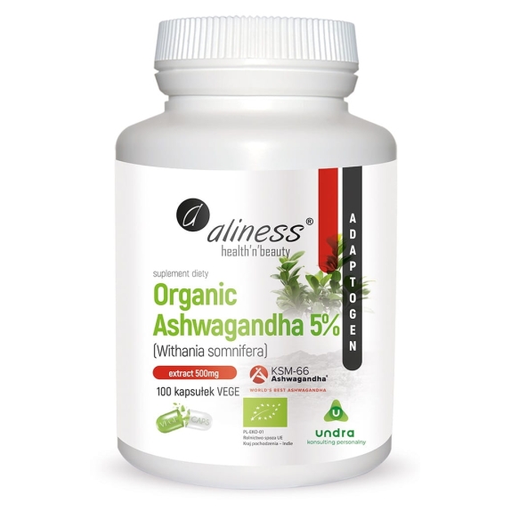 Aliness Organic Ashwagandha 5% KSM-66 200 mg 100 kapsułek cena 59,90zł
