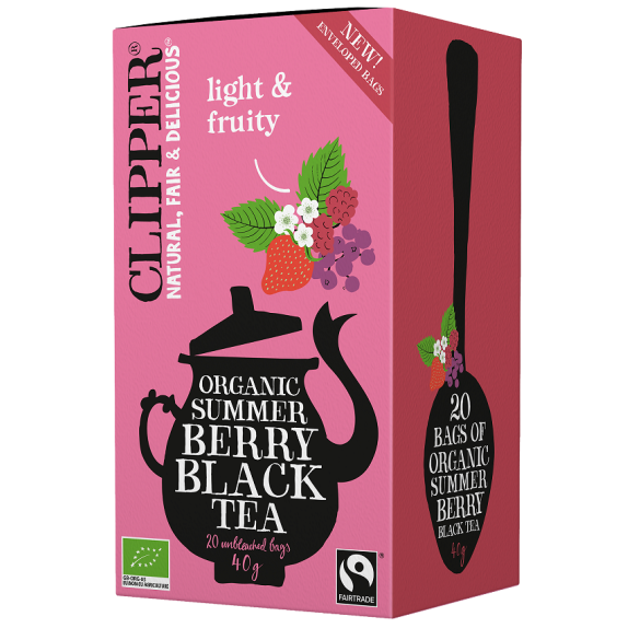 Herbata czarna z czarną porzeczką, maliną i truskawką Fair Trade BIO 20 saszetek Clipper PROMOCJA! cena €2,62