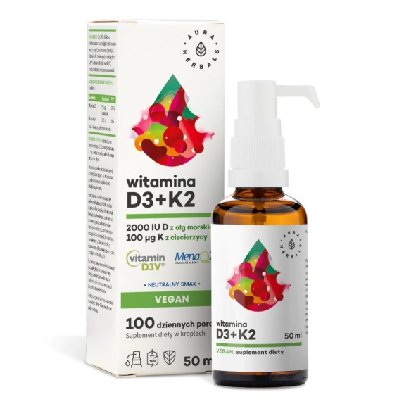 Witamina D3 2000 IU + K2 Vegan krople 50 ml Aura Herbals  cena 62,95zł