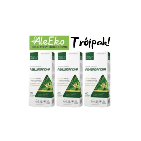 Medica Herbs ashwagandha wyciąg 500 mg 3 x 60 kapsułek cena 17,52$