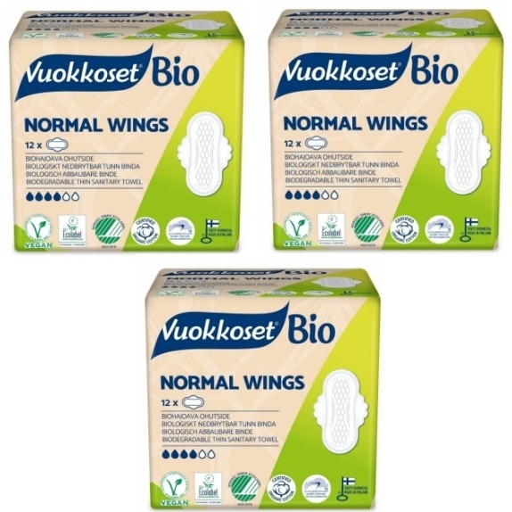 Vuokkoset podpaski normal ze skrzydełkami 100% BIO 12 sztuk x 3 sztuki cena €9,84