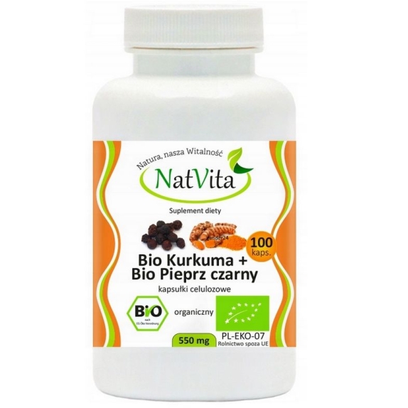 Kurkuma Bio + Pieprz czarny Bio 550mg 100 kapsułek Natvita cena 9,15$