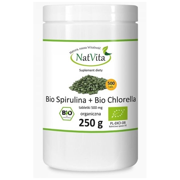 Natvita Bio Spirulina + Bio Chlorella 500 tabletek  cena 66,90zł
