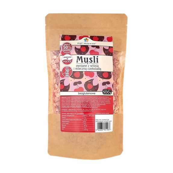 Musli owsiane z wiśnią i mleczną czekoladą bezglutenowe 500 g Pięć Przemian cena €4,14