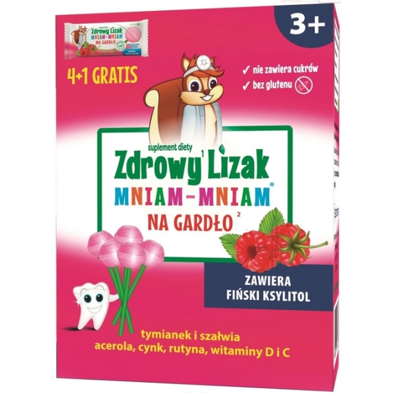 Zdrowy Lizak Mniam-Mniam na gardło smak malinowy 5 sztuk PROMOCJA cena €2,02