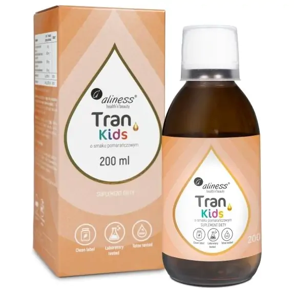Aliness Tran (olej z dorsza) KIDS + Wit. A 400 µg, o smaku pomarańczowym 200 ml  cena 18,87$