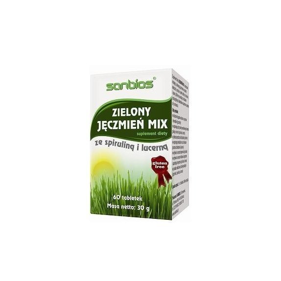 Zielony jęczmień mix ze spiruliną i lucerną 60 tabletek Sanbios cena 5,94$