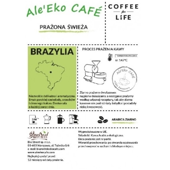 Ale'Eko CAFÉ kawa mielona Brazylia 250 g Coffee for Life  cena €9,06